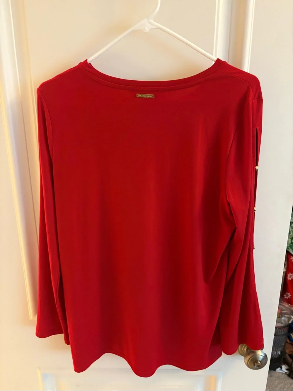 Michael Kors Red Long-Sleeve Top with Gold Stud Sleeve Detail